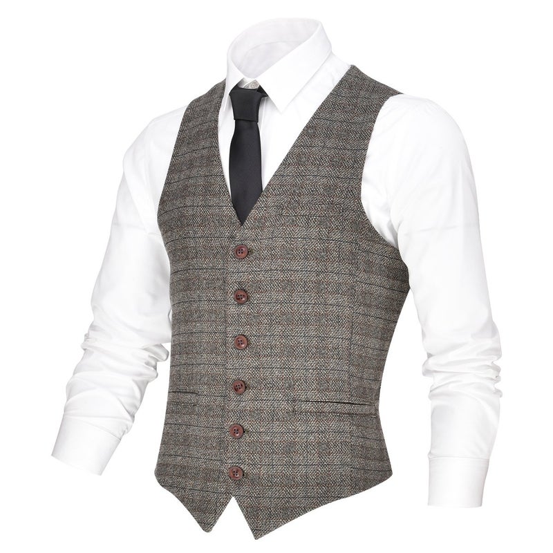 VOBOOM Mens VNeck Suit Vest Casual Slim Fit Dress 6 Button Waistcoat Brown 3XLarge