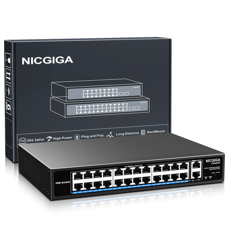 NICGIGA 24 Port PoE Switch Unmanaged 24 Port PoE400W 2 Gigabit Uplink Ports NICGIGA 26 Port Network Power Over Ethernet Switch VLAN Mode 250m Extend 19 inch RackMount Plug and Play - Image 2