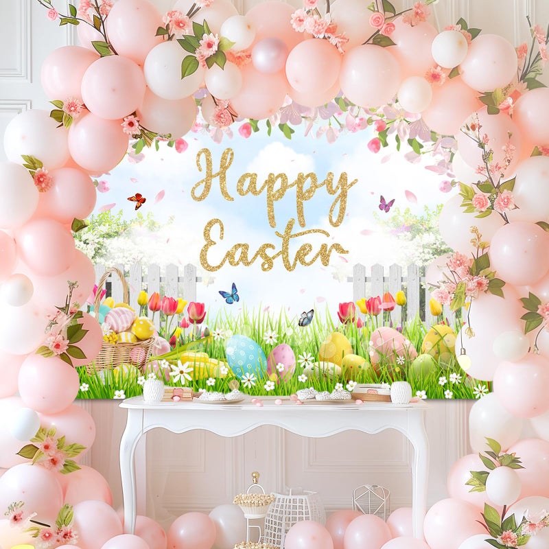 Mocsicka Happy Easter Day Backdrop Easter Colorful Eggs Background Floral Spring Easter Party Decor Family Holiday Party Banner Photo Booth Props (7x5ft) - Image 2