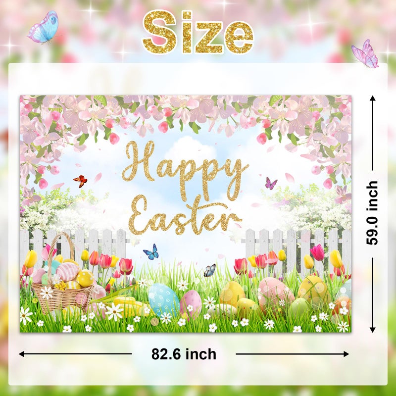 Mocsicka Happy Easter Day Backdrop Easter Colorful Eggs Background Floral Spring Easter Party Decor Family Holiday Party Banner Photo Booth Props (7x5ft) - Image 4
