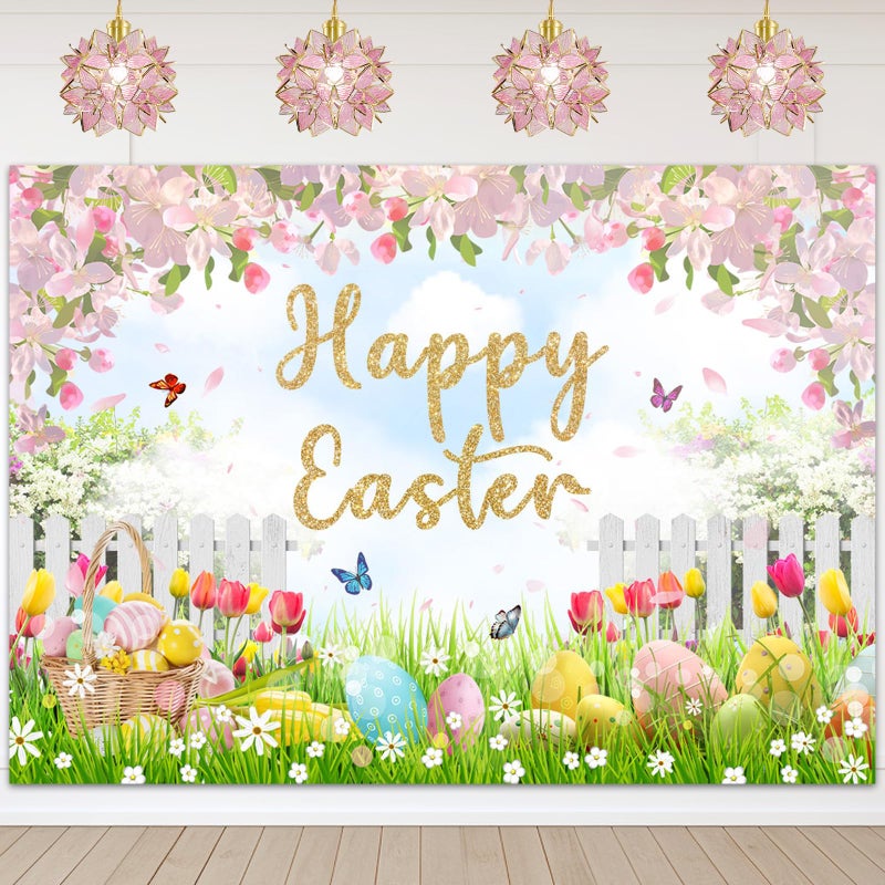 Mocsicka Happy Easter Day Backdrop Easter Colorful Eggs Background Floral Spring Easter Party Decor Family Holiday Party Banner Photo Booth Props (7x5ft) - Image 1