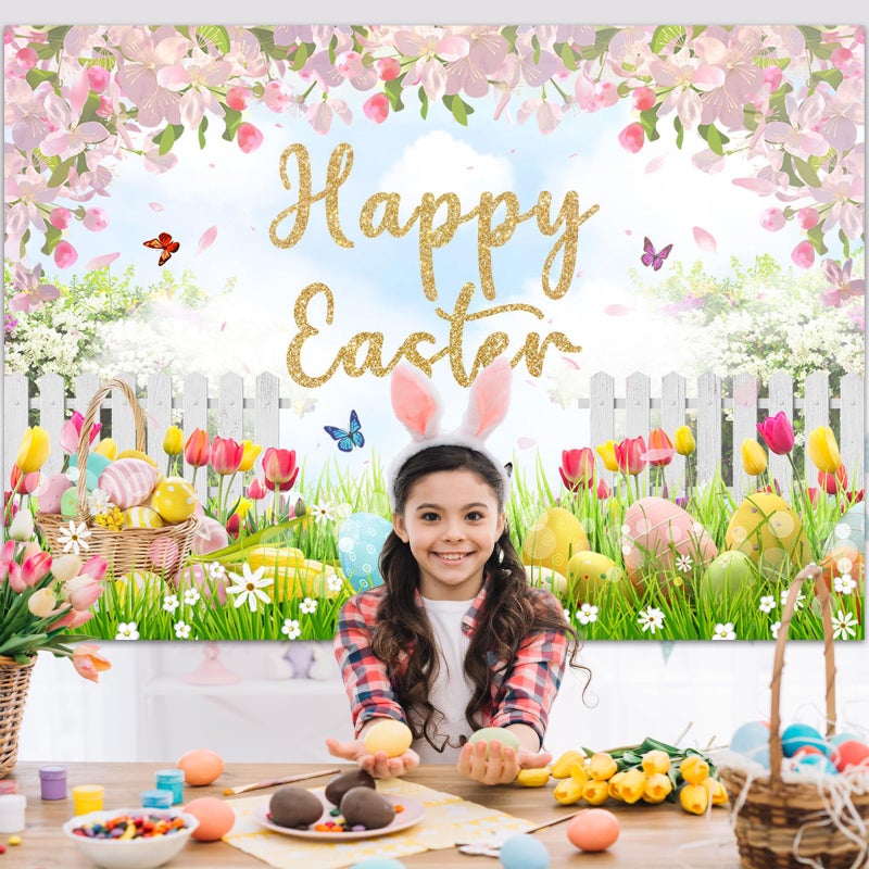 Mocsicka Happy Easter Day Backdrop Easter Colorful Eggs Background Floral Spring Easter Party Decor Family Holiday Party Banner Photo Booth Props (7x5ft) - Image 5