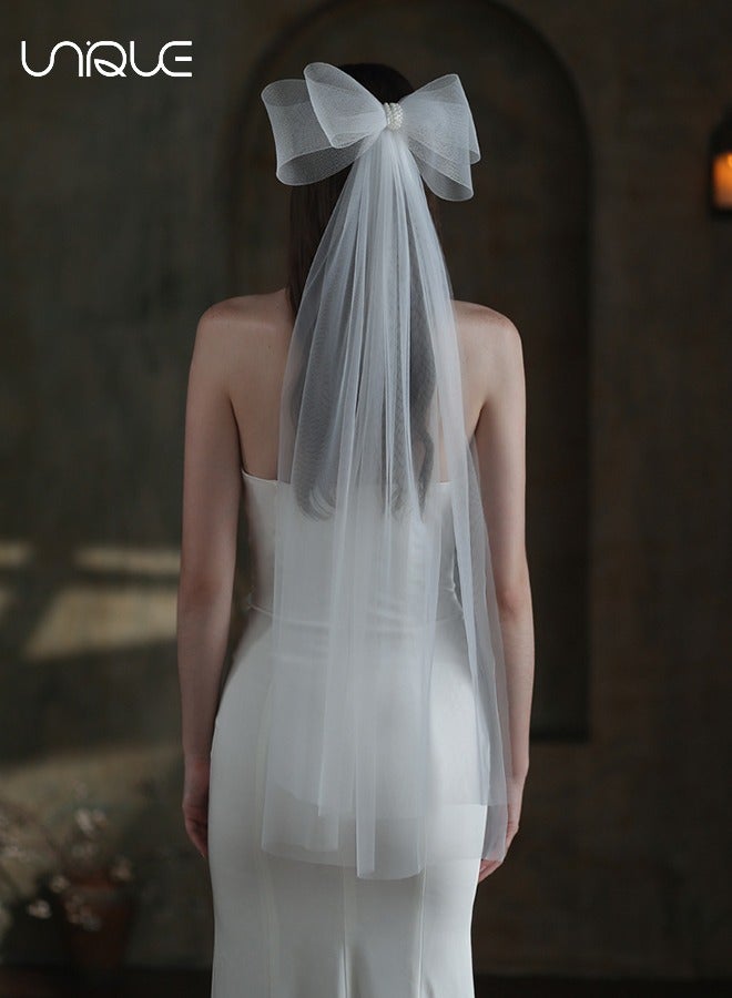 يونيك القوس المزدوج الحجاب الأبيض - مع مقاطع الشعر - حفل زفاف الخطوبة العروس دش الزفاف زخرفة حفلة العازبة - Image 1