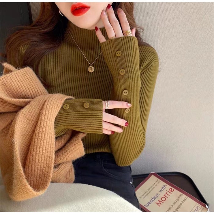 Half turtleneck sweater bottoming shirt womens autumn and winter 2025 new inside explosion foreign style solid color all-match knitted top Green