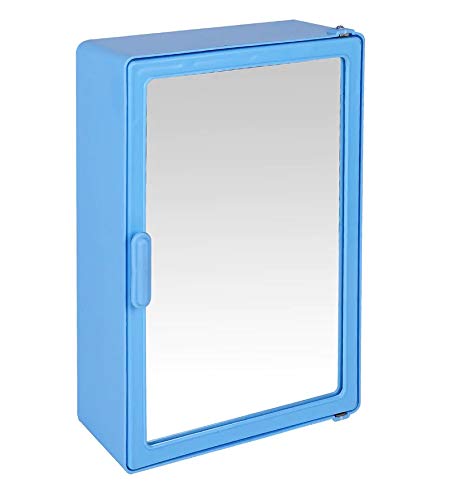 ZOOM خزانة حمام زوم صباح الخير مع مرآة وصندوق تخزين/رفوف، خزانة حمام بباب واحد، خزانة بلاستيكية بمرآة كاملة 16"x4"x12" | خزانة، زرقاء - Image 1