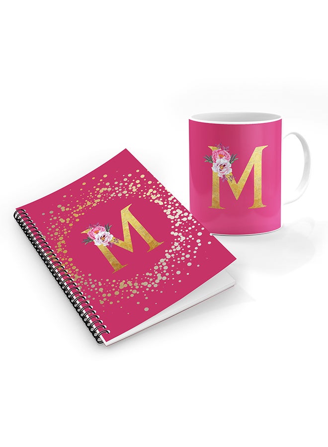 Stylizedd Printed Coffee Mug + A5 Spiral Notebook Memo Personalised Combo Gift Set Custom Monogram Initial Letter Floral Pattern Alphabet -  M (Pink Rose)