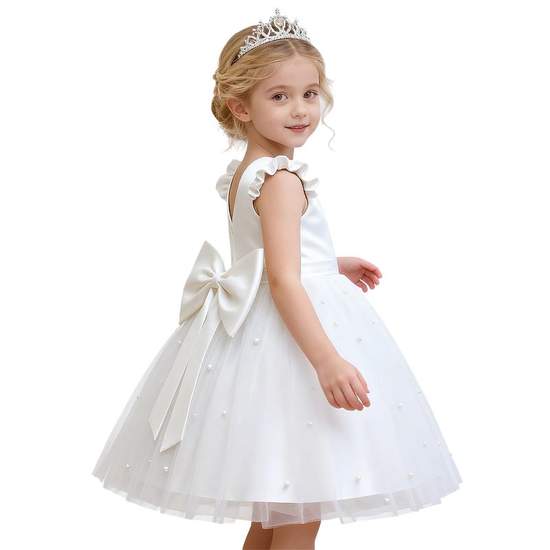 Nileafes Flower Girls Tutu Pageant Princess Dress Toddler Girl Pearl Wedding Party Ball Gown Size 7Y (7 Years, 070- White) - Image 1