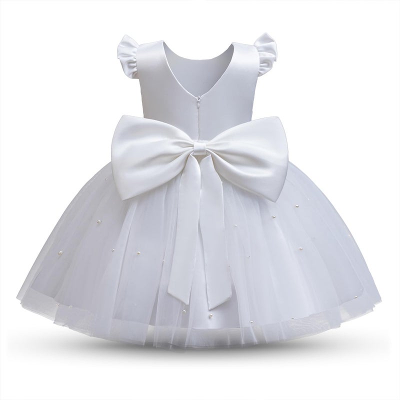 Nileafes Flower Girls Tutu Pageant Princess Dress Toddler Girl Pearl Wedding Party Ball Gown Size 7Y (7 Years, 070- White) - Image 3
