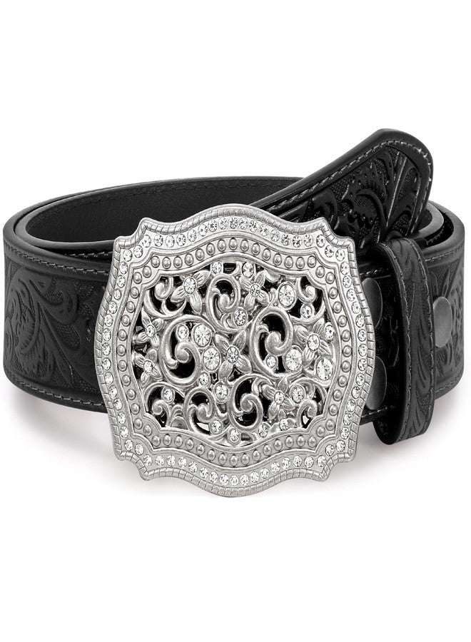 WOWOGO Women Men Western Genuine Leather Belt Cowgirl Cowboy Floral Engraved Tooled Belt Strap Embossed Scrollwork Buckle - Image 1