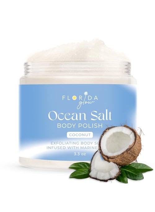 Florida Salt Scrubs Sea Salt Body Scrub by Florida Suncare - Ocean Salt Body Polish Infused with Marine Algae - Exfoliating Face and Body Scrub - Facial Scrub Exfoliator to Tackle Acne (Coconut, 3.3 oz) 