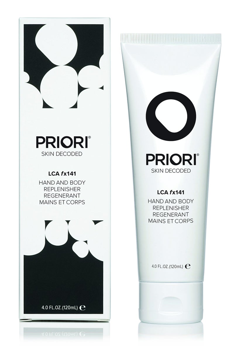 PRIORI Skincare Hand and Body Replenisher with Lactic Acid AHA Renewal Lotion Vitamins C A E Corrective Smoothing Serum Stretch Marks Antioxidant Protection Fragrance Free 4 fl oz