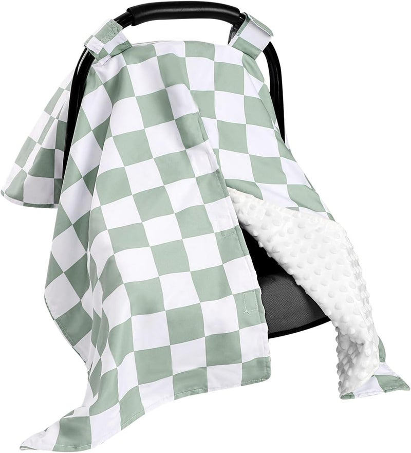 DILIMI Baby Car Seat Cover Minky Warm Winter Car Seat Covers for Babies Peekaboo Opening Infant Car Seat Cover Nursing Cover Carseat Canopy Green Checkered - Image 1