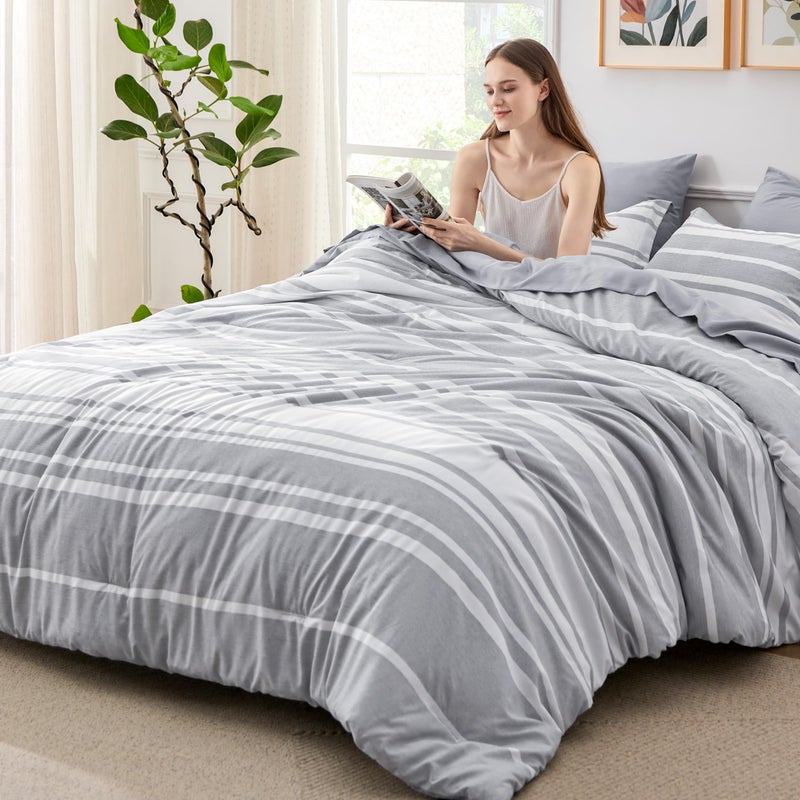 Bedsure King Comforter Set 7 Pieces Grey Striped Bedding Set for King Size Bed Reversible Cationic Dyeing Bed in a Bag with Comforter Sheets Pillowcases  Shams
