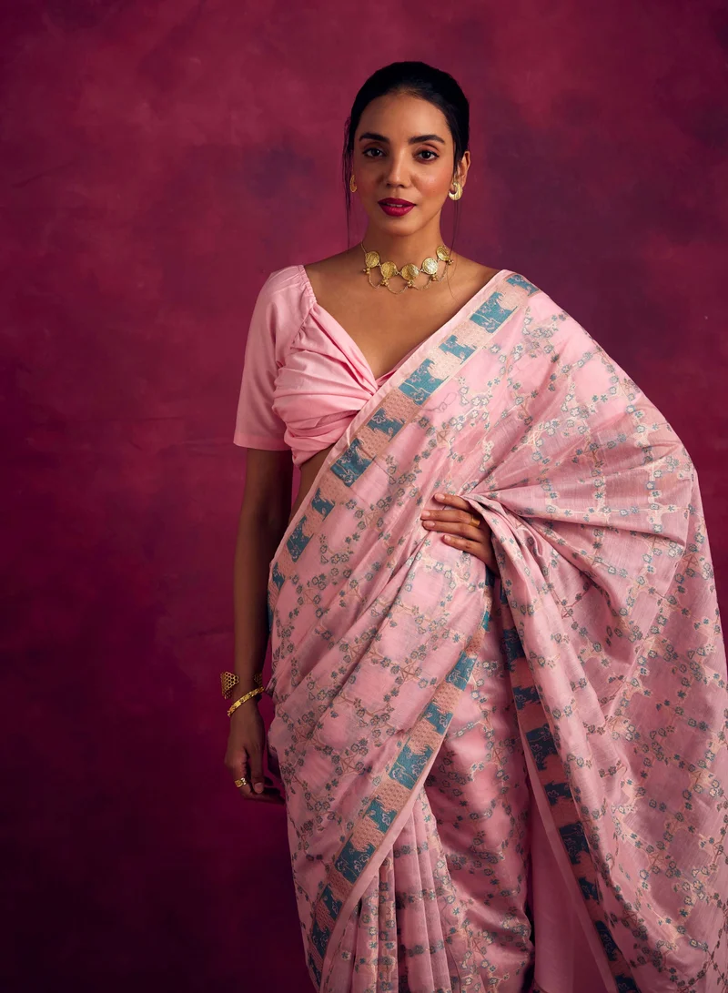 أبهشتي Banarasi sakura checks woven zari saree-Sakura pink