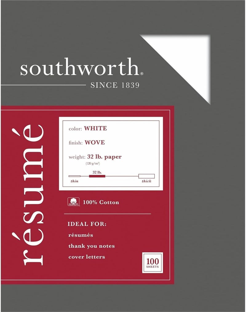Southworth ورق السيرة الذاتية من ساوثوورث 100% قطن 8 12 × 11 32 رطل 100 معاد تدويره أبيض عبوة من 100 - Image 4