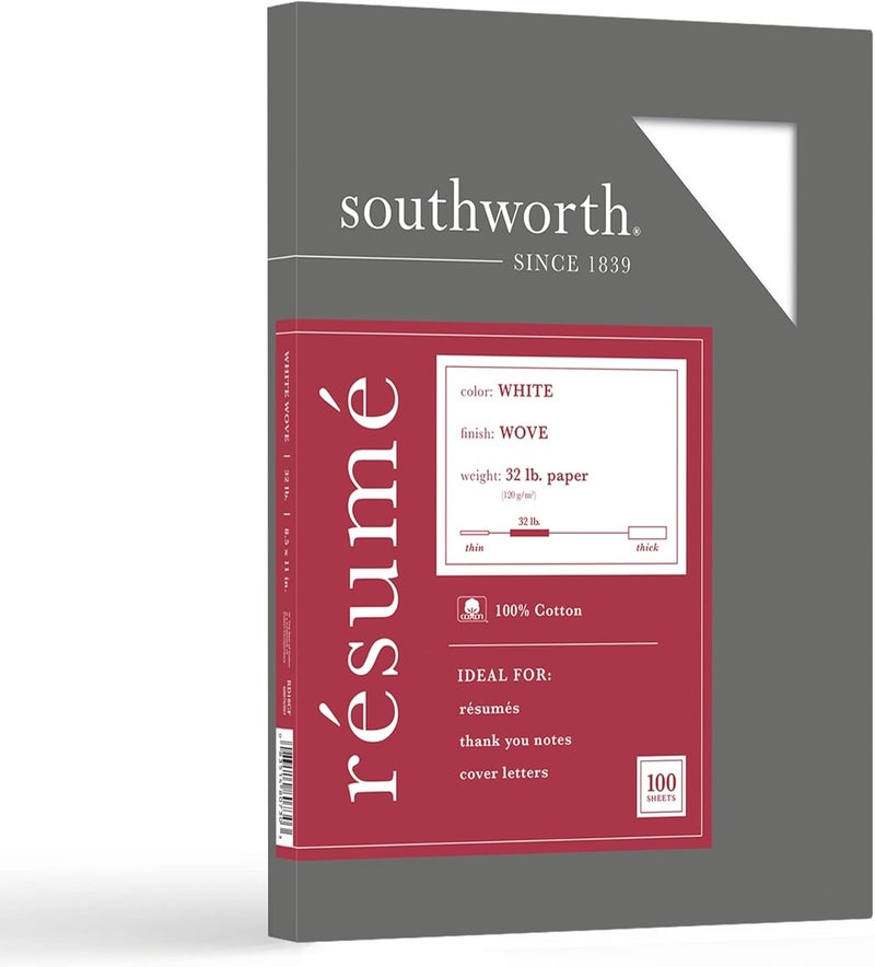 Southworth ورق السيرة الذاتية من ساوثوورث 100% قطن 8 12 × 11 32 رطل 100 معاد تدويره أبيض عبوة من 100 - Image 1