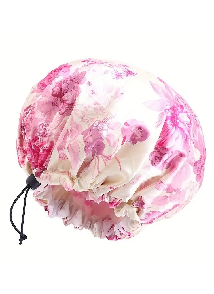 Goolsky Adjustable Double-Layer Waterproof Shower Cap for Women - Spacious, Elastic Fit with Elegant Floral Design  - Image 1