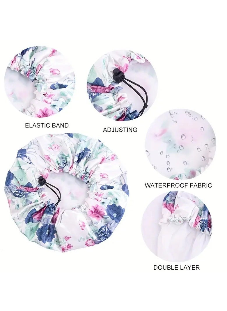 Goolsky Adjustable Double-Layer Waterproof Shower Cap for Women - Spacious, Elastic Fit with Elegant Floral Design  - Image 2