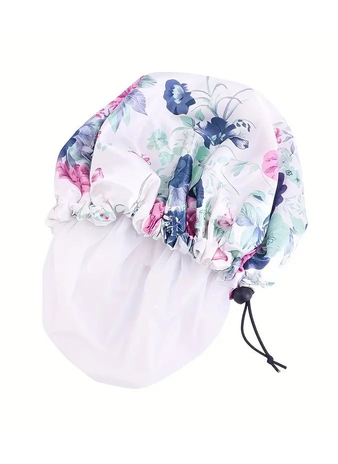 Goolsky Adjustable Double-Layer Waterproof Shower Cap for Women - Spacious, Elastic Fit with Elegant Floral Design  - Image 3