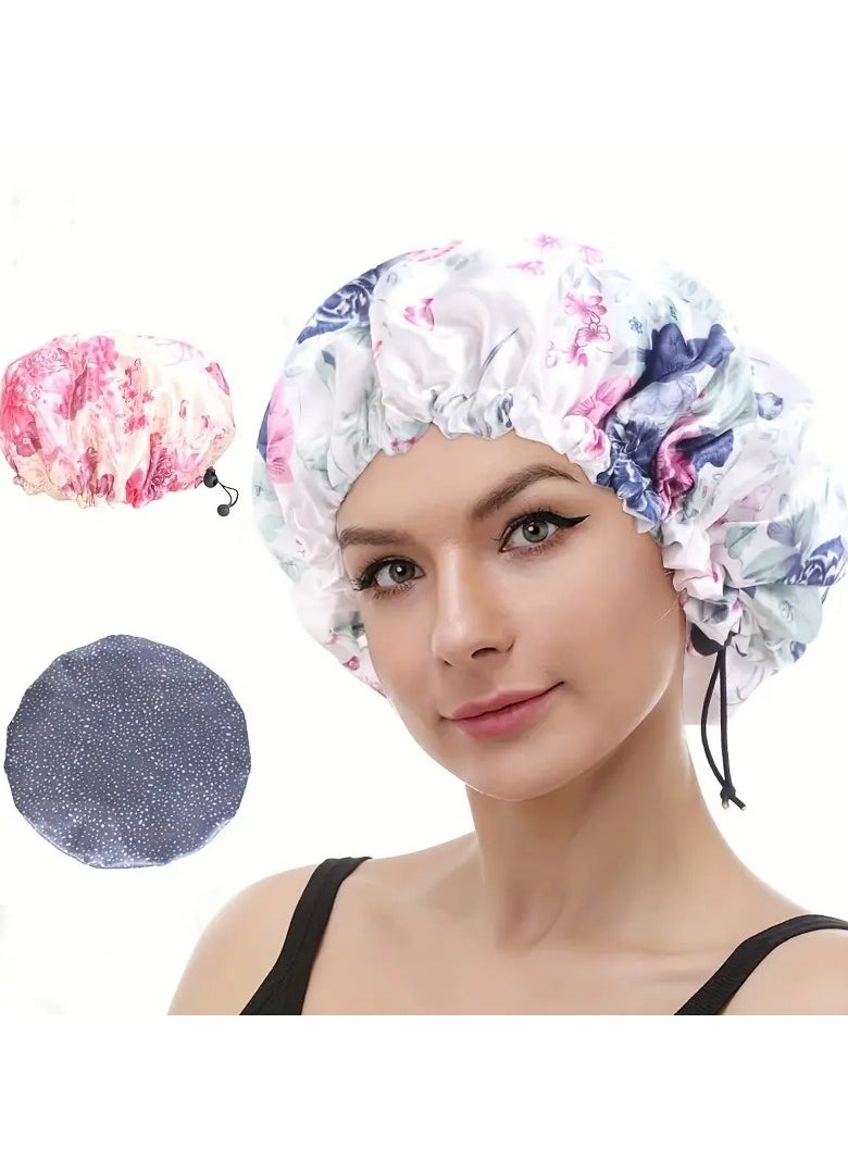 Adjustable Double-Layer Waterproof Shower Cap for Women - Spacious, Elastic Fit with Elegant Floral Design