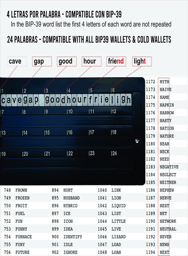 فيلو Vilo - تخزين 24 عبارة بذرة مشفرة، محفظة Crypto Steel، نسخة احتياطية لتخزين البذور المشفرة الباردة من الفولاذ المقاوم للصدأ، متوافقة مع جميع محافظ BIP39، Ledger Nano، Trezor، KeepKey، Coldcard. - Image 2
