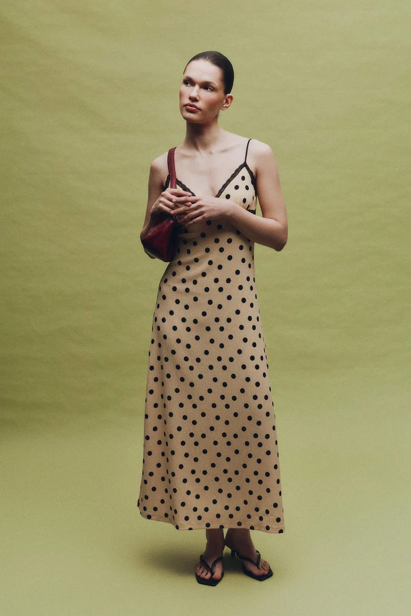 DeFacto Heart Collar Polka Dot Crinkle Maxi Dress