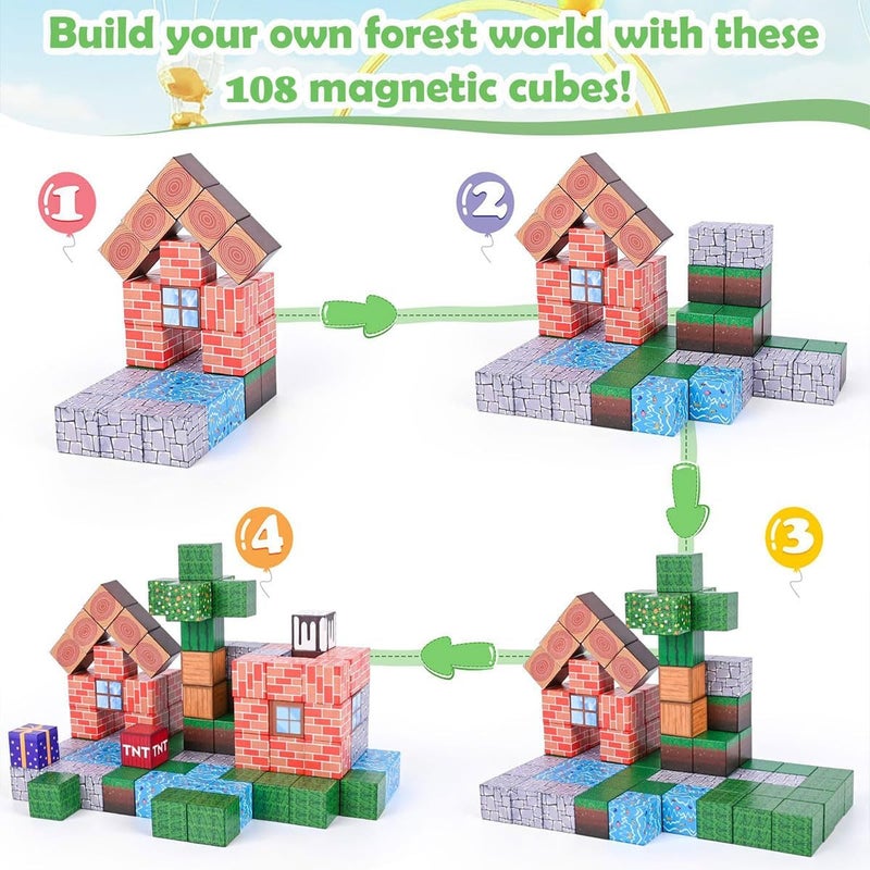 ECVV 108PCS Magnetic Blocks Magnetic Building Cube Game STEM Montessori Stacking Toy Kids Build Cubes Sensory Magnet Constructions Toys for Christmas Birthday Gifts for Boys & Girls Ages 3+ - Image 3