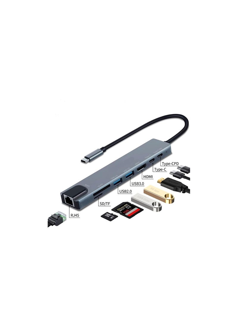 ماركة غير محددة محور USB 8 في 1 مع HDMI 4K، إيثيرنت، قارئ بطاقات MicroSD/SD، بيانات Type-C وشحن PD للكمبيوتر المحمول، ماك، بي سي (رمادي)  - Image 2
