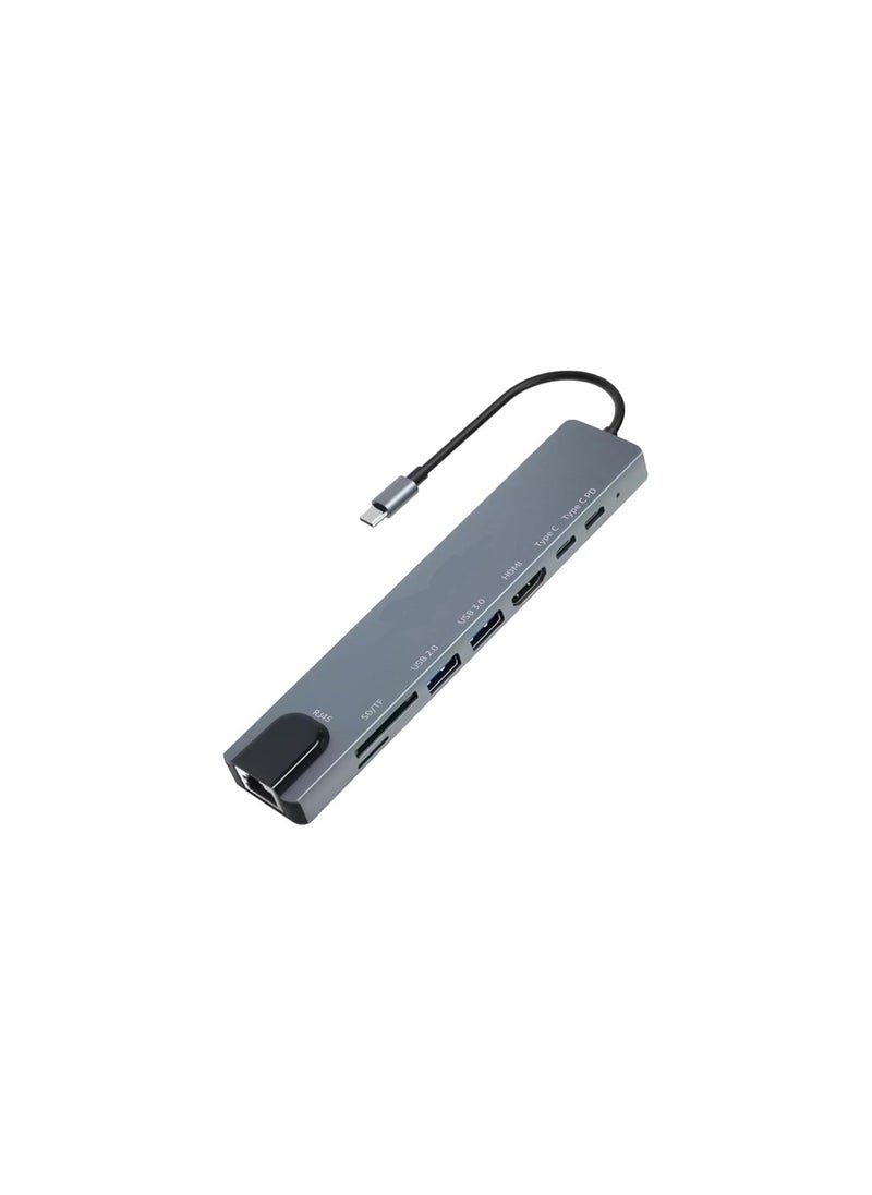 ماركة غير محددة محور USB 8 في 1 مع HDMI 4K، إيثيرنت، قارئ بطاقات MicroSD/SD، بيانات Type-C وشحن PD للكمبيوتر المحمول، ماك، بي سي (رمادي)  - Image 3