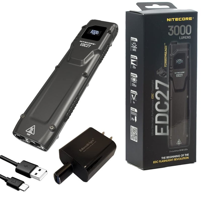 EdisonBright Nitecore EDC27 3000 Lumen USB Rechargeable Slim Body LED Flashlight Brand Charging Adapter - Image 1
