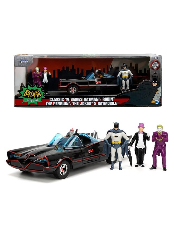 JADA Toys DC Comics Classic TV Series 1966 Batmobile Die-Cast Car with 2.75" Batman, Robin, Penguin, and The Joker Figures, Toys for Kids and Adults – 1:24 Scale, Multicolor - Image 1
