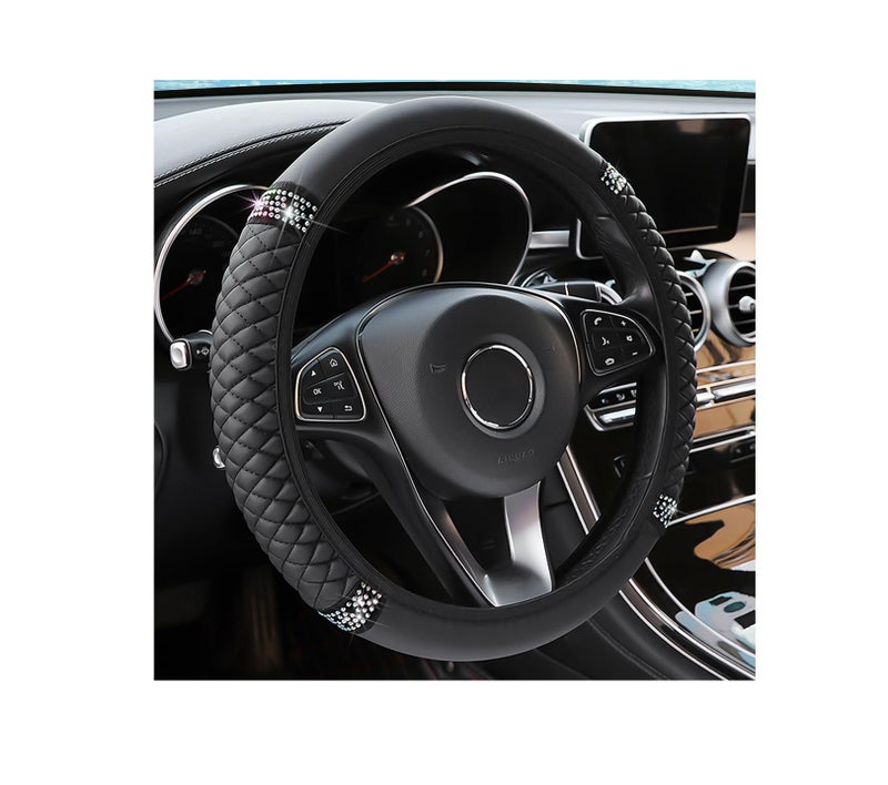 Bling Soft Leather Steering Wheel Cover 15 Inch Colorful Rhinestones Auto Elastic Steering Wheel Protector Sparkly Crystal Diamond for Women Girls Car Accessories for Most Cars Black