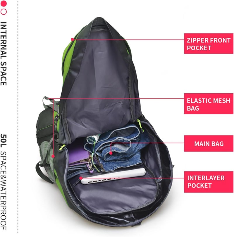 Bseash 50L Hiking Backpack, Water Resistant Lightweight Outdoor Sport Daypack Travel Bag for Camping Climbing Skiing Cycling (Green - No Shoe Compartment) - Image 3