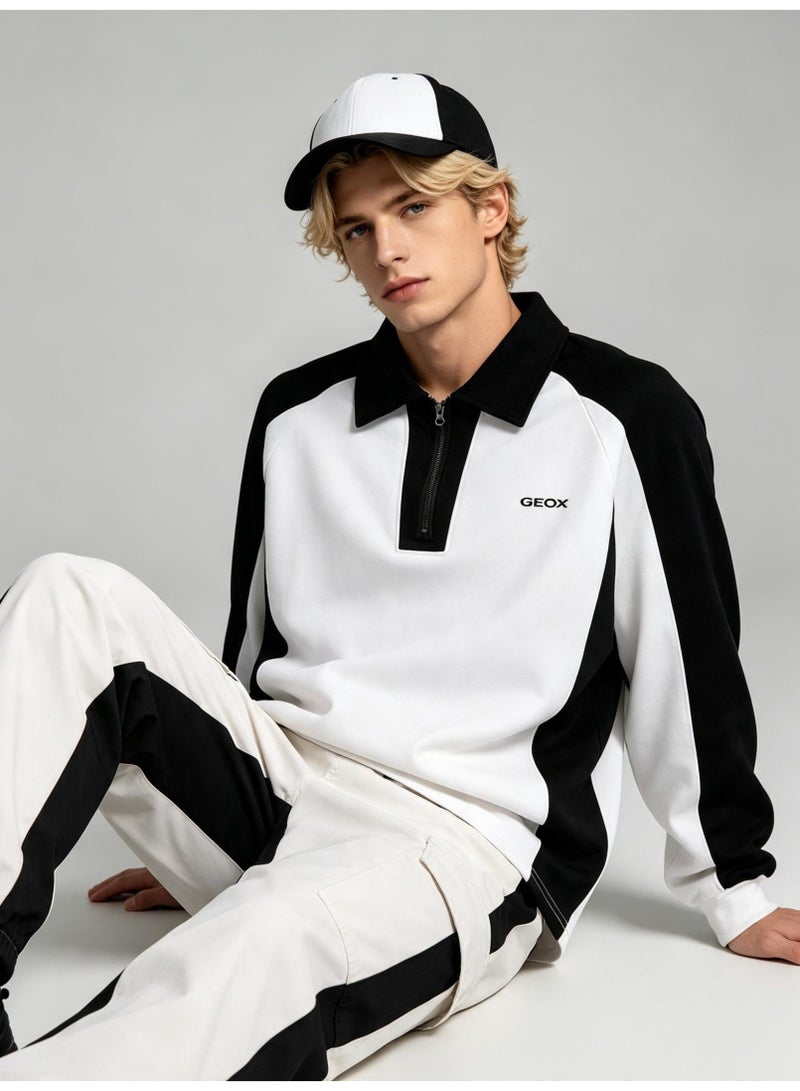 GEOX Unisex Quarter Zip Polo Collar Sweatshirt Color‑Block Long Sleeve Casual Everyday Top Black White - Image 1