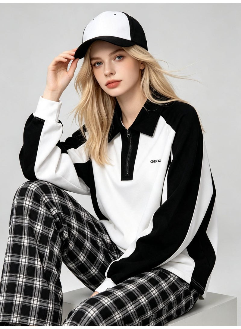 GEOX Unisex Quarter Zip Polo Collar Sweatshirt Color‑Block Long Sleeve Casual Everyday Top Black White - Image 3