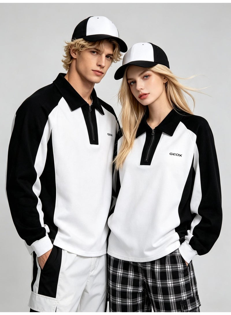 GEOX Unisex Quarter Zip Polo Collar Sweatshirt Color‑Block Long Sleeve Casual Everyday Top Black White - Image 5