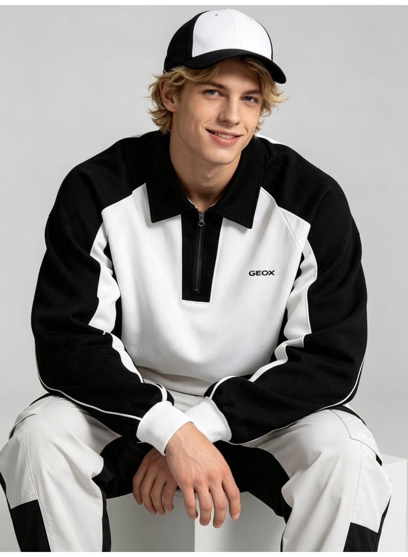 GEOX Unisex Quarter Zip Polo Collar Sweatshirt Color‑Block Long Sleeve Casual Everyday Top Black White - Image 4