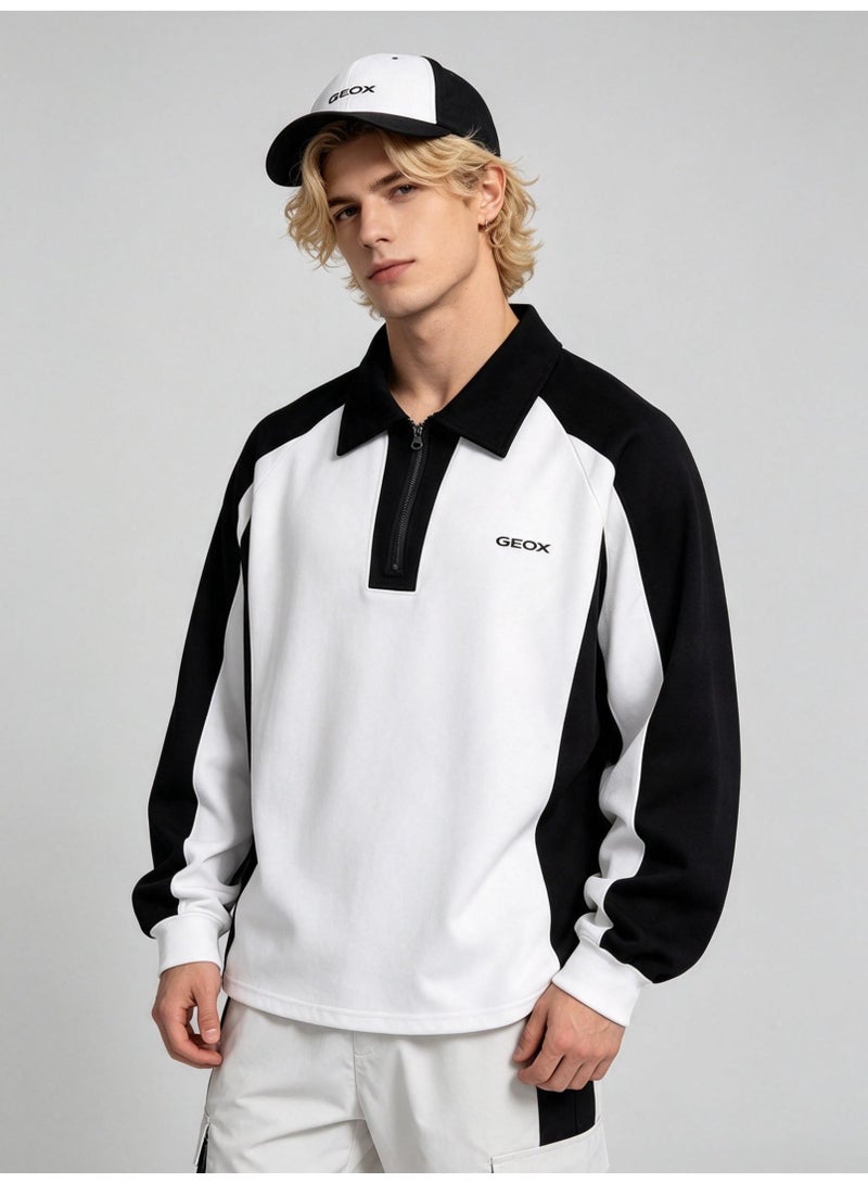 GEOX Unisex Quarter Zip Polo Collar Sweatshirt Color‑Block Long Sleeve Casual Everyday Top Black White - Image 2