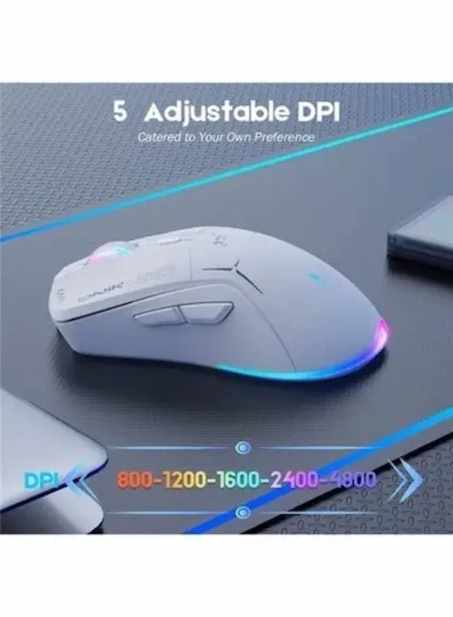 onikuma CW917 RGB Dual Mode Gaming Mouse Wired & 2.4GHz Wireless — Adjustable DPI 800-4800, 6 Programmable Buttons, RGB Lighting, Ergonomic Design, white - Image 5