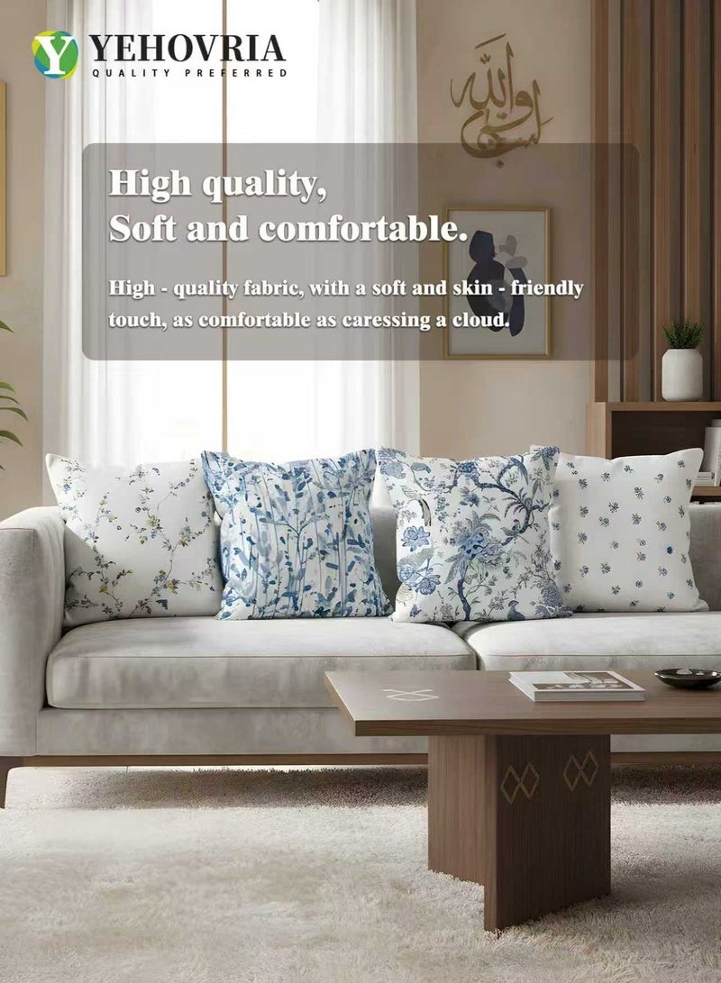 YEHOVRIA Pillow Covers Set of 4, Throw Pillow Cover, Short Plush Cushion Cover, Blue  Flower Decorative Pillow Case 45cm x 45cm, For Living Room Sofa Couch Bed Pillowcases 18x18 inches（Double sided pattern） - Image 4
