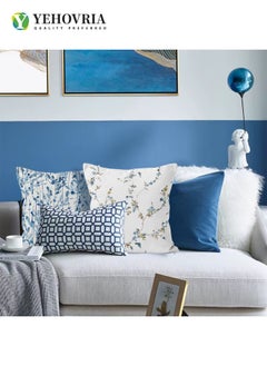 YEHOVRIA Pillow Covers Set of 4, Throw Pillow Cover, Short Plush Cushion Cover, Blue  Flower Decorative Pillow Case 45cm x 45cm, For Living Room Sofa Couch Bed Pillowcases 18x18 inches（Double sided pattern）  - Image 2