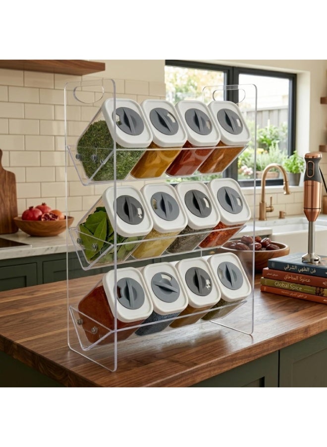 Acrylic Multi-Tier Spice Organizer Rack with 12 Spice Jars and Rotating Pour Lids – Space Saving Kitchen Seasoning Storage Holder for Spices, Herbs and Homemade Blends, Angled Design for Easy Access and Visibility, Modern Countertop and Cabinet Spice Organization System - Clear - Image 4