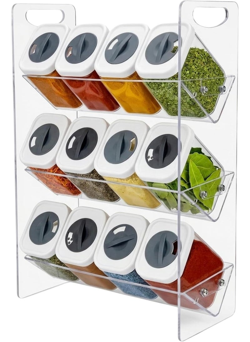 Acrylic Multi-Tier Spice Organizer Rack with 12 Spice Jars and Rotating Pour Lids – Space Saving Kitchen Seasoning Storage Holder for Spices, Herbs and Homemade Blends, Angled Design for Easy Access and Visibility, Modern Countertop and Cabinet Spice Organization System - Clear - Image 2