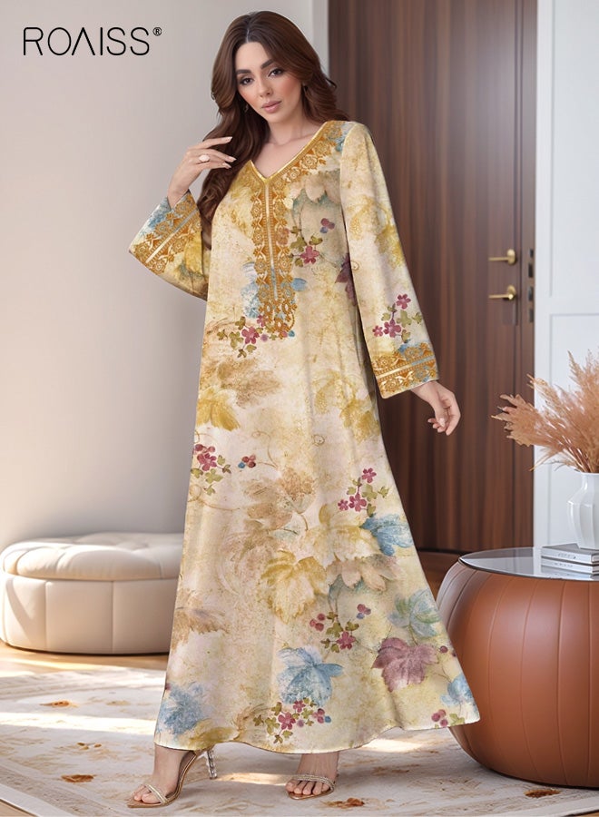 roaiss Women's V-neck Maxi Dress, Elegant Printed Long-Sleeve Flowing Colorful Printed Chiffon Evening Gown, Party Ethnic Beachwear Robe - Image 2