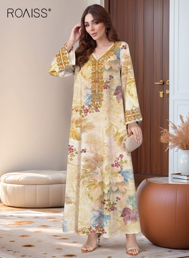roaiss Women's V-neck Maxi Dress, Elegant Printed Long-Sleeve Flowing Colorful Printed Chiffon Evening Gown, Party Ethnic Beachwear Robe - Image 5