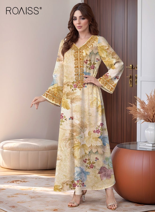 roaiss Women's V-neck Maxi Dress, Elegant Printed Long-Sleeve Flowing Colorful Printed Chiffon Evening Gown, Party Ethnic Beachwear Robe - Image 3