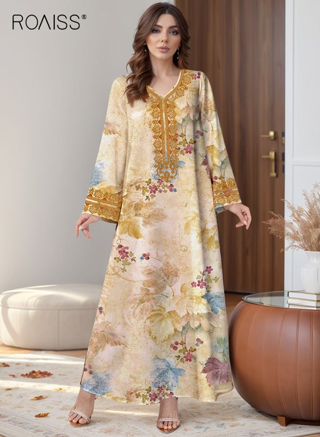 roaiss Women's V-neck Maxi Dress, Elegant Printed Long-Sleeve Flowing Colorful Printed Chiffon Evening Gown, Party Ethnic Beachwear Robe - Image 1