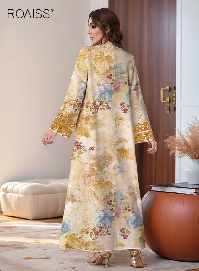 roaiss Women's V-neck Maxi Dress, Elegant Printed Long-Sleeve Flowing Colorful Printed Chiffon Evening Gown, Party Ethnic Beachwear Robe - Image 4