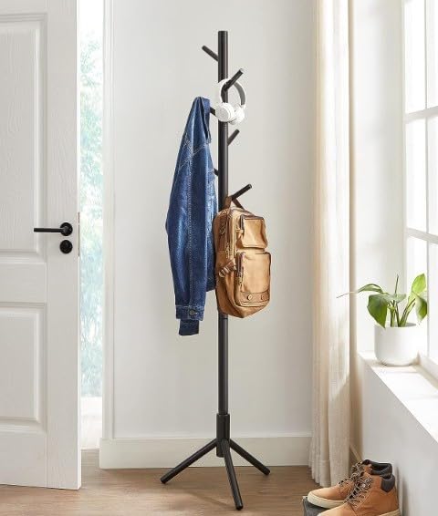 Priti Freestanding Coat Rack Solid Wood Coat Rack with 8 Hooks for Clothes Hats Bags Corridor Entrance Black - Image 2