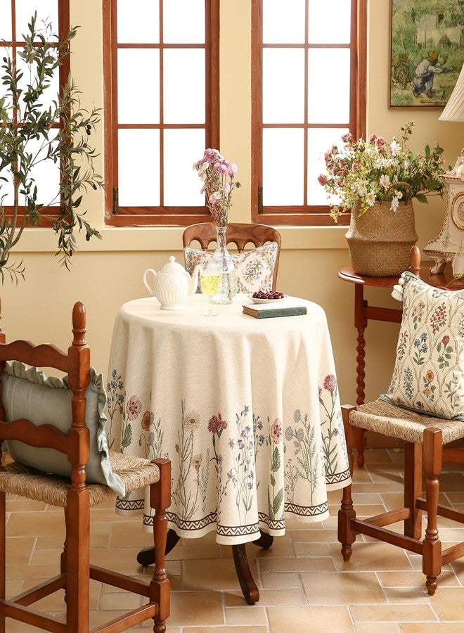 ISAENNE Designer Off White Linen Small Round Tablecloth,Floral Elegant Table Cloth,Stain Resistant Vintage Decor Tablecloths for Dining Thanksgiving Kitchen Christmas,Diameter 55"-Serenity G - Image 2